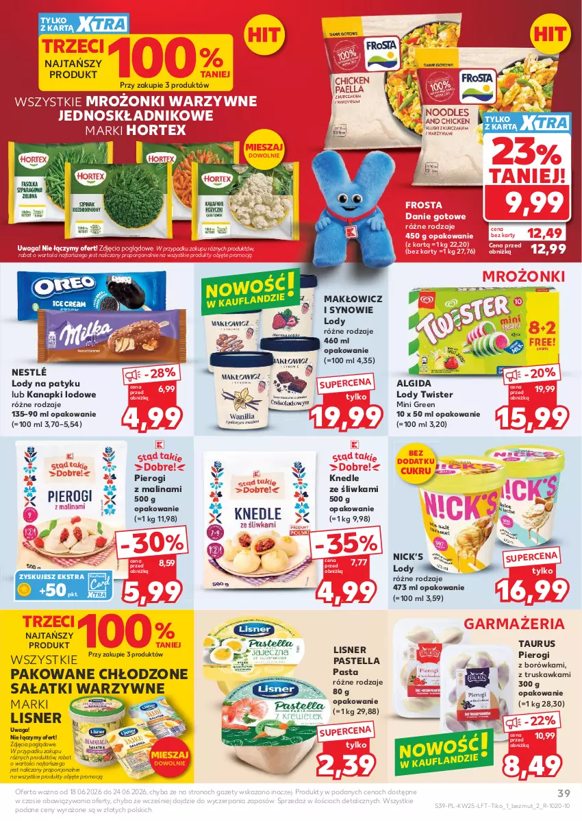 Gazetka promocyjna Kaufland - Gazetka tygodnia - ważna 18.06 do 24.06.2026 - strona 39 - produkty: Algida, Borówka, Danie gotowe, Frosta, Hortex, Knedle, LG, Lisner, Lody, Nestlé, Pastella, Pierogi, Por, Sałat, Waga