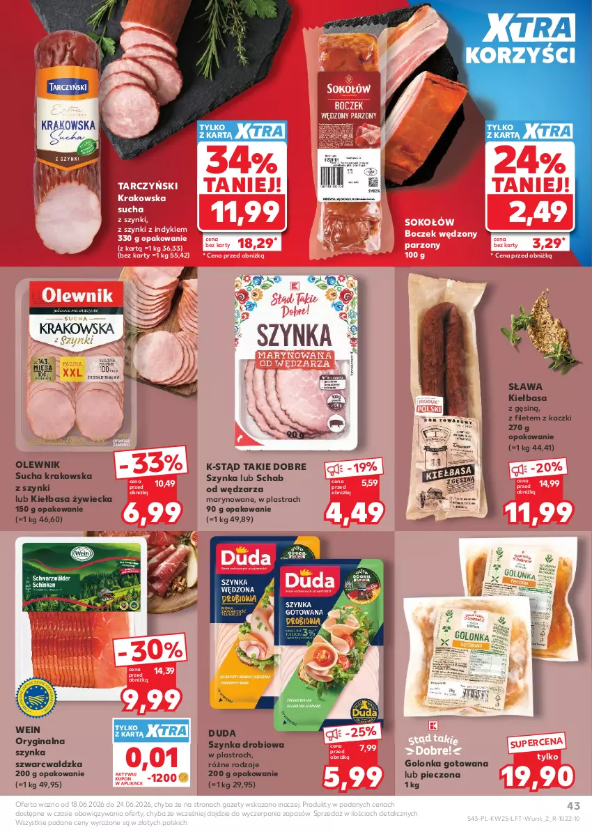 Gazetka promocyjna Kaufland - Gazetka tygodnia - ważna 18.06 do 24.06.2026 - strona 43 - produkty: Boczek, Duda, Gin, Kiełbasa, Olewnik, Piec, Sok, Sokołów, Szynka, Tarczyński