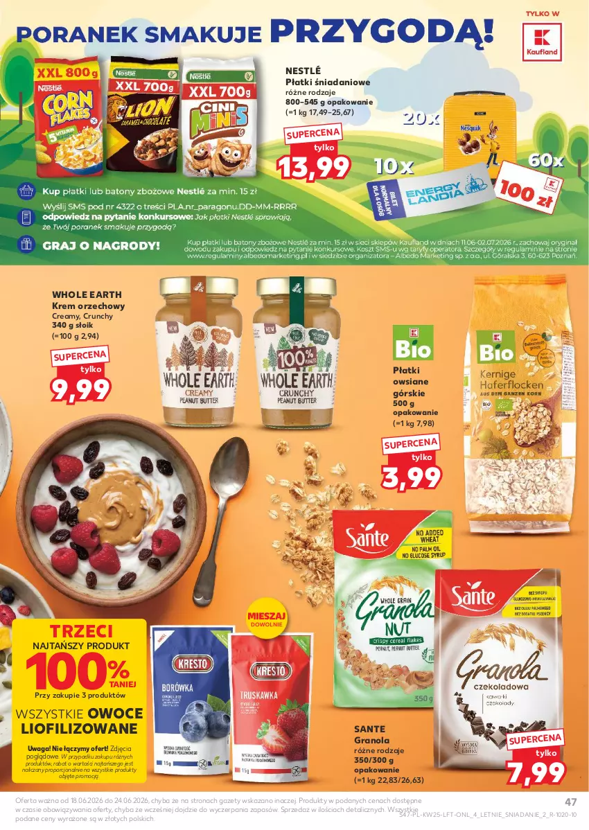 Gazetka promocyjna Kaufland - Gazetka tygodnia - ważna 18.06 do 24.06.2026 - strona 47 - produkty: Danio, Gra, Granola, Krem orzechowy, Nestlé, Owoce, Płatki owsiane, Por, Sante, Waga