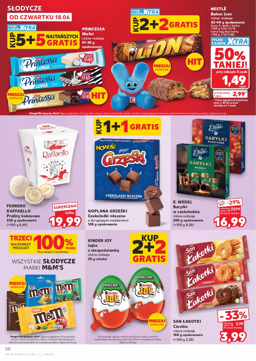 Gazetka promocyjna Kaufland - Gazetka tygodnia - ważna 18.06 do 24.06.2026 - strona 50 - produkty: Baryłki, Baton, Ciastka, E. Wedel, Fa, Ferrero, Goplana, Gra, Grześki, Kinder, Kokos, LANA, Lion, Nestlé, Por, Praliny, Princessa, Raffaello, Waga