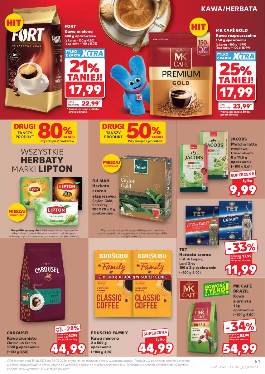 Gazetka promocyjna Kaufland - Gazetka tygodnia - ważna 18.06 do 24.06.2026 - strona 51 - produkty: Brit, Dilmah, Earl Grey, Fa, Herbata, Herbata czarna, Jacobs, Kawa, Kawa mielona, Kawa rozpuszczalna, Kawa ziarnista, Lipton, Por, Waga