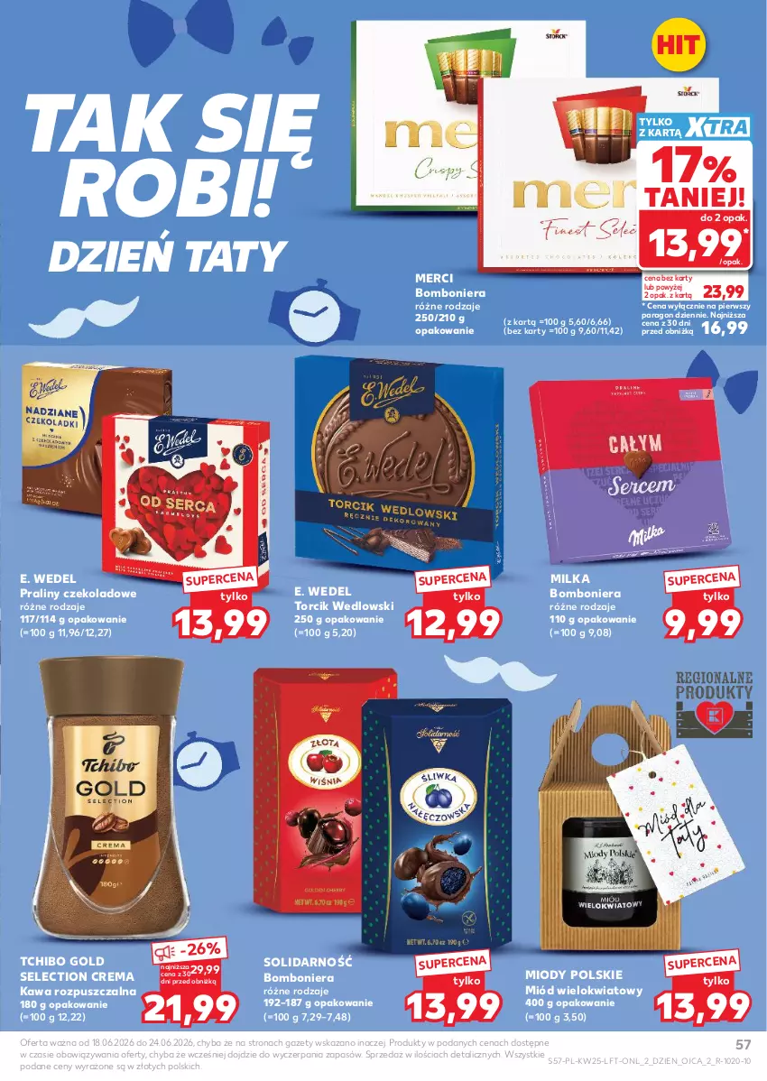 Gazetka promocyjna Kaufland - Gazetka tygodnia - ważna 18.06 do 24.06.2026 - strona 57 - produkty: Bomboniera, E. Wedel, Kawa, Kawa rozpuszczalna, Merci, Milka, Miód, Praliny, Tchibo