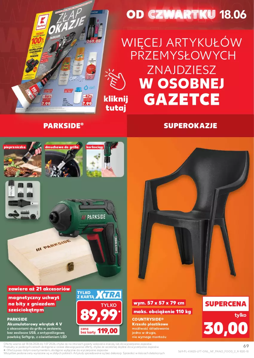Gazetka promocyjna Kaufland - Gazetka tygodnia - ważna 18.06 do 24.06.2026 - strona 69 - produkty: Akumulator, Grill, Koc, Korkociąg, Krzesło, Parkside, Pieprz, Pieprzniczka, Wkręt, Znicz