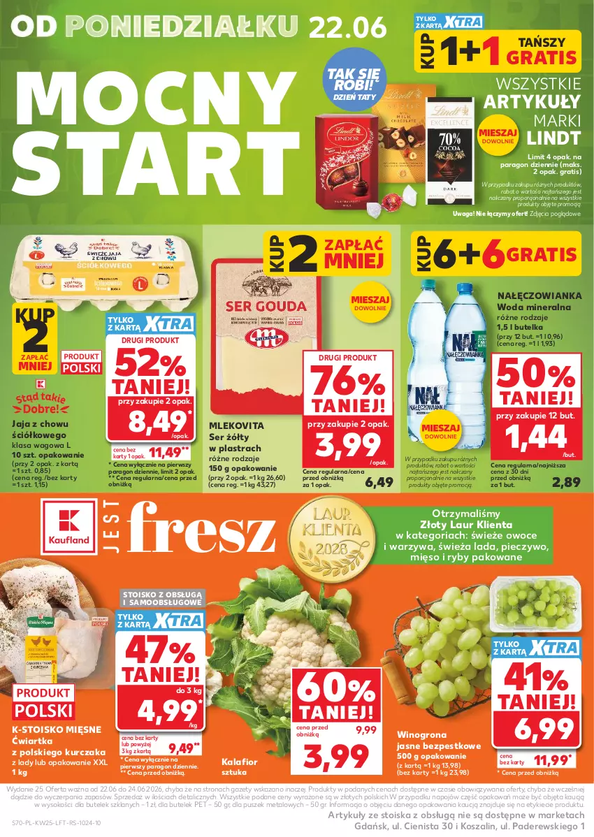 Gazetka promocyjna Kaufland - Gazetka tygodnia - ważna 18.06 do 24.06.2026 - strona 70 - produkty: Gra, Jaja, Kalafior, Kosz, Kurczak, Laur, Lindt, Mięso, Mleko, Mlekovita, Nałęczowianka, Owoce, Piec, Pieczywo, Por, Ser, Sok, Szal, Waga, Warzywa, Wino, Winogrona, Woda, Woda mineralna