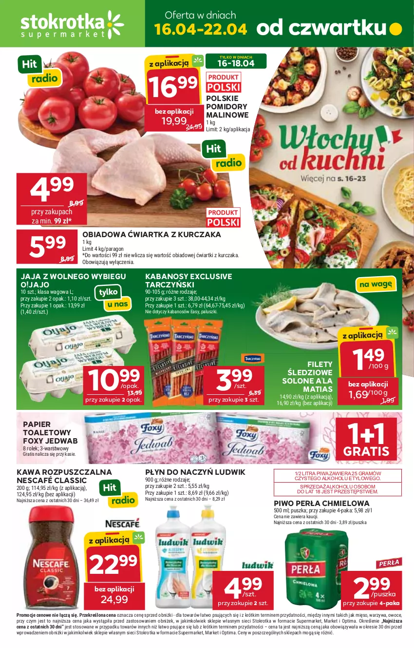 Gazetka promocyjna Stokrotka - Supermarket - ważna 16.04 do 22.04.2026 - strona 1 - produkty: Foxy, Gra, Jaja, Jaja z wolnego wybiegu, Kabanos, Kawa, Kawa rozpuszczalna, Kurczak, Ludwik, Mięso, Nescafé, Optima, Owoce, Papier, Papier toaletowy, Perła, Piwa, Piwo, Pomidory, Tarczyński, Warzywa