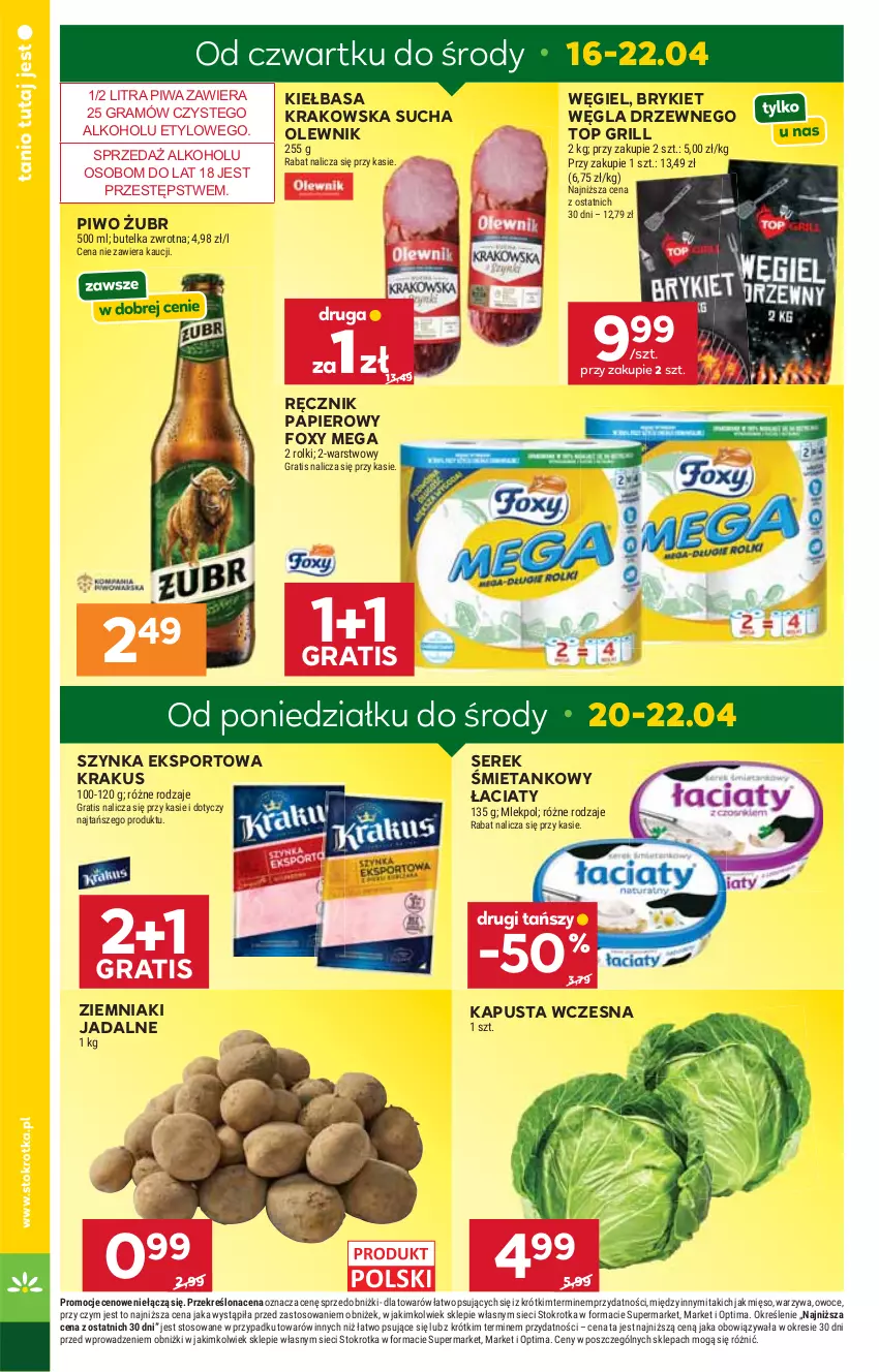 Gazetka promocyjna Stokrotka - Supermarket - ważna 16.04 do 22.04.2026 - strona 10 - produkty: Foxy, Gra, Grill, Kiełbasa, Kiełbasa krakowska, Krakus, Mięso, Olewnik, Optima, Owoce, Papier, Piwa, Piwo, Por, Ręcznik, Rolki, Ser, Serek, Sport, Szynka, Top, Warzywa, Ziemniaki