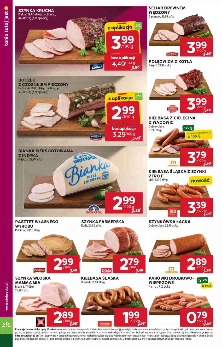 Gazetka promocyjna Stokrotka - Supermarket - ważna 16.04 do 22.04.2026 - strona 18 - produkty: Bianka, Boczek, Duda, Fa, Kiełbasa, Kiełbasa śląska, Krakus, Mięso, Olewnik, Optima, Owoce, Parówki, Pasztet, Pekpol, Piec, Polędwica, Por, Szynka, Szynka farmerska, Warzywa