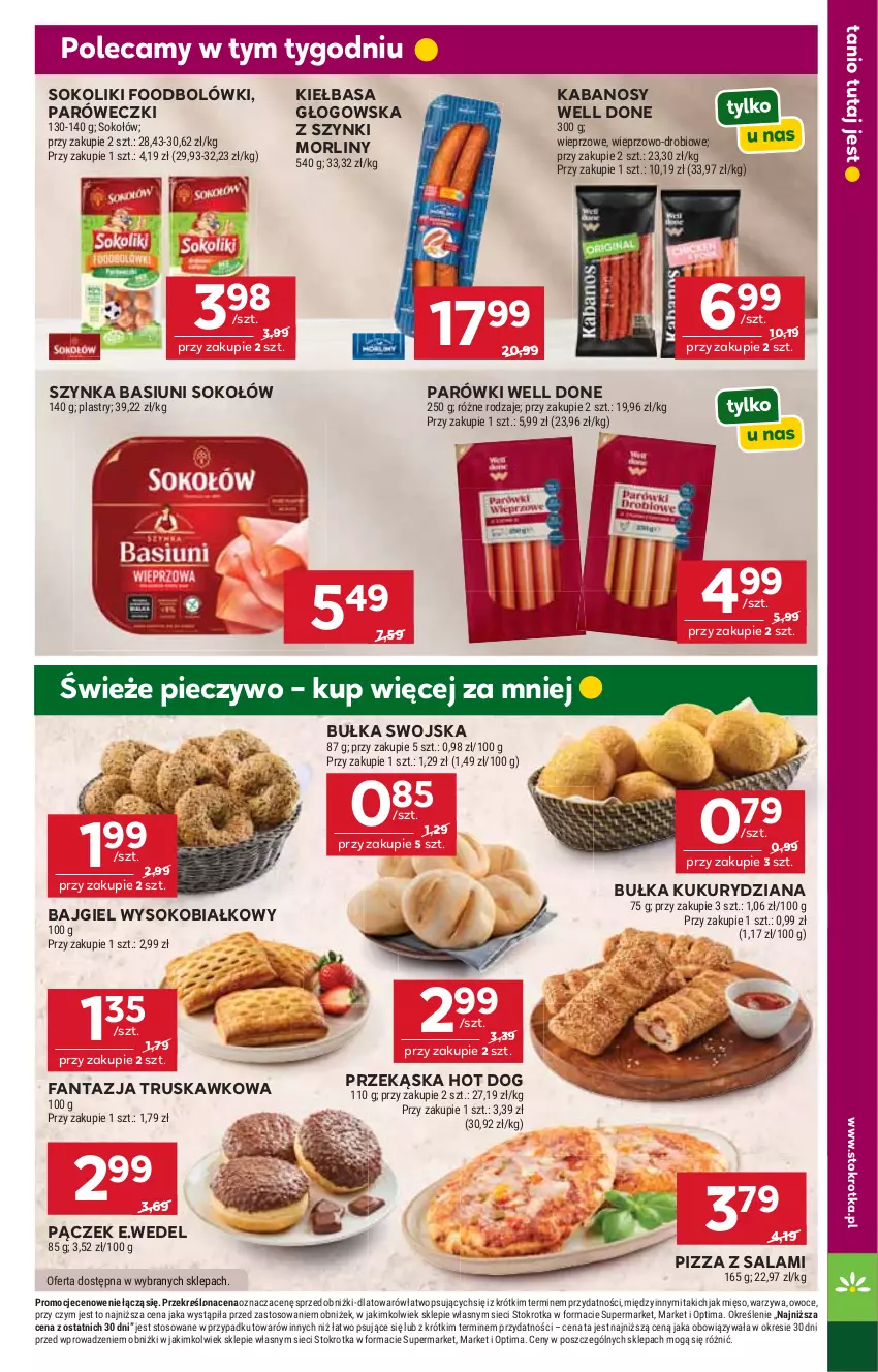 Gazetka promocyjna Stokrotka - Supermarket - ważna 16.04 do 22.04.2026 - strona 19 - produkty: Bułka, Fa, Fanta, Hot dog, Kabanos, Kiełbasa, Kiełbasa głogowska, Mięso, Morliny, Optima, Owoce, Pączek, Parówki, Piec, Pieczywo, Pizza, Salami, Sok, Sokołów, Szynka, Warzywa