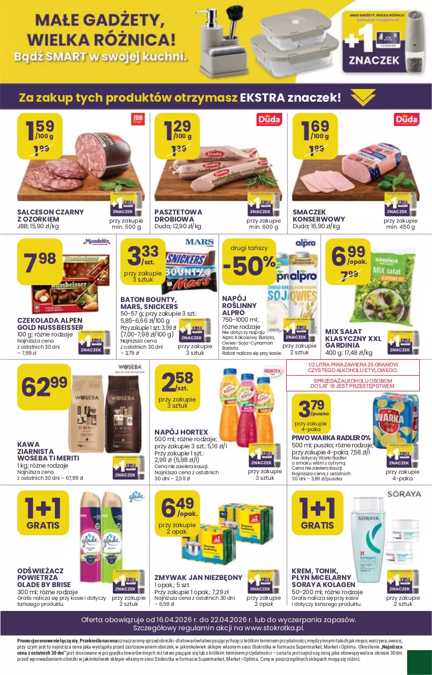 Gazetka promocyjna Stokrotka - Supermarket - ważna 16.04 do 22.04.2026 - strona 42 - produkty: Alpro, Baton, Bounty, Czekolada, Gra, Hortex, Kawa, Kawa ziarnista, Kokos, Kolagen, Mars, Mięso, Napój, Optima, Owoce, Pasztet, Piwa, Piwo, Radler, Salceson, Ser, Snickers, Tonik, Warka, Warzywa, Woseba