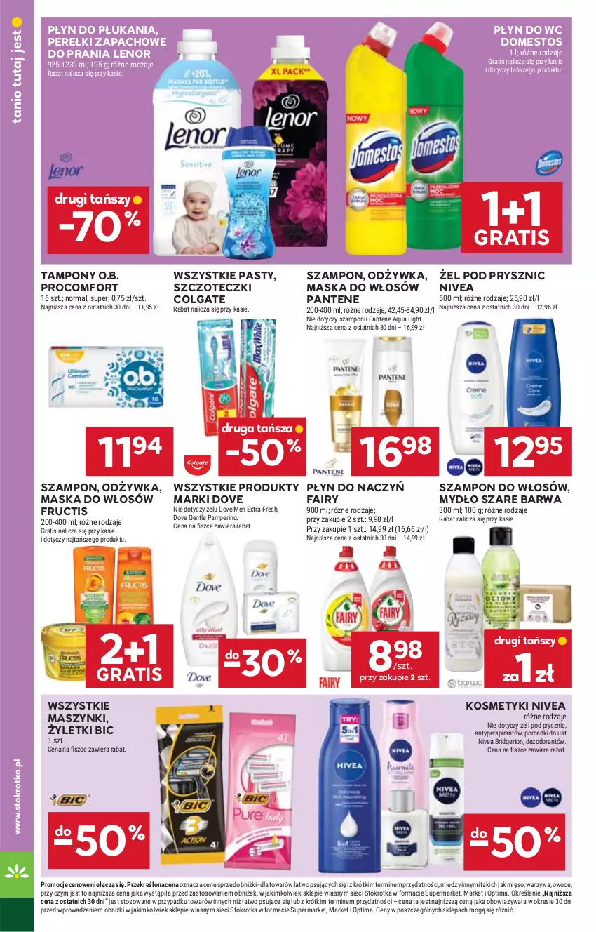 Gazetka promocyjna Stokrotka - Supermarket - ważna 16.04 do 22.04.2026 - strona 46 - produkty: Antyperspirant, BIC, Colgate, Dezodorant, Domestos, Dove, Fa, Fairy, Fructis, Gra, Lenor, LG, Maska, Maska do włosów, Mięso, Mydło, Nivea, O.B., Odżywka, Optima, Owoce, Pantene, Perełki zapachowe, Płyn do płukania, Płyn do wc, Szampon, Tampony, Warzywa