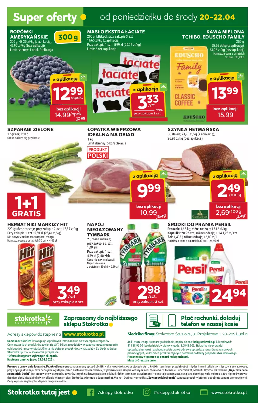 Gazetka promocyjna Stokrotka - Supermarket - ważna 16.04 do 22.04.2026 - strona 50 - produkty: Dres, Fa, Gra, Herbatniki, JBL, Kawa, Kawa mielona, Mango, Mascarpone, Masło, Mięso, Napój, Napój niegazowany, O nas, Optima, Owoce, Persil, Szynka, Tchibo, Telefon, Tymbark, Wagi, Warzywa