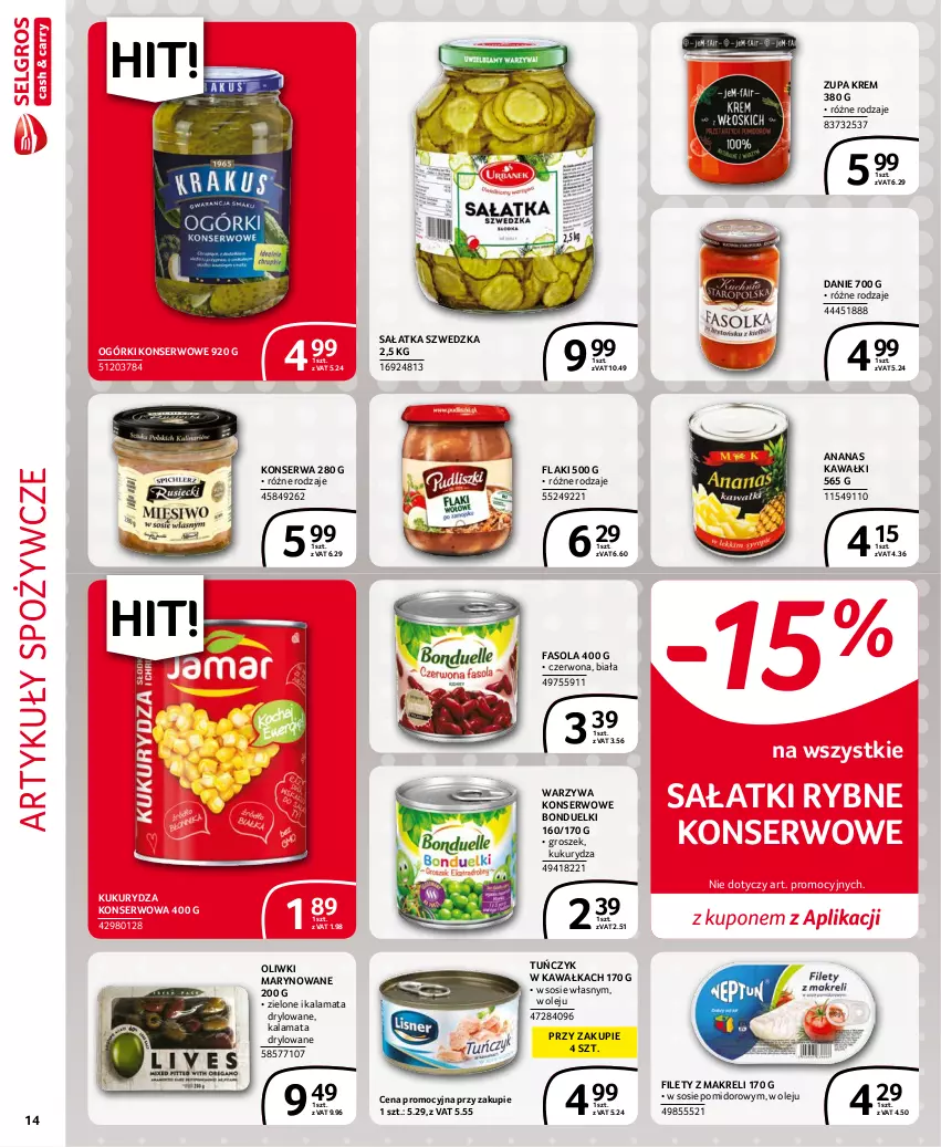 Gazetka promocyjna Selgros - Extra Oferta - ważna 01.10 do 31.10.2021 - strona 14 - produkty: Ananas, Artykuły spożywcze, Fa, Fasola, Flaki, Groszek, Kawa, Kukurydza, Kukurydza konserwowa, Ogórki konserwowe, Olej, Oliwki, Sałat, Sałatka, Ser, Sos, Tuńczyk, Warzywa, Warzywa konserwowe, Zupa