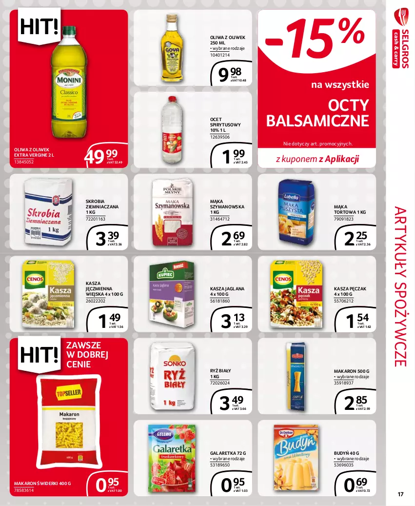 Gazetka promocyjna Selgros - Extra Oferta - ważna 01.10 do 31.10.2021 - strona 17 - produkty: Artykuły spożywcze, Budyń, Gala, Galaretka, Gin, Kasza, Kasza jaglana, Kasza jęczmienna, LANA, Mąka, Mąka tortowa, Makaron, Ocet, Oliwa z oliwek, Ryż, Ryż biały, Skrobia ziemniaczana