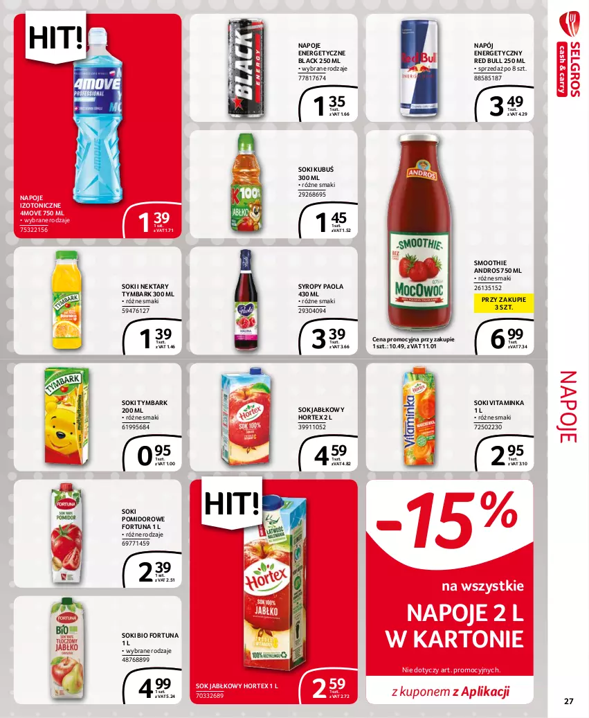 Gazetka promocyjna Selgros - Extra Oferta - ważna 01.10 do 31.10.2021 - strona 27 - produkty: Fortuna, Hortex, Inka, Kubuś, Lack, Napój, Napój energetyczny, Napoje, Nektar, Paola, Red Bull, Smoothie, Sok, Sok jabłkowy, Syrop, Syropy, Tymbark