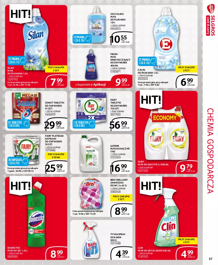 Gazetka promocyjna Selgros - Extra Oferta - ważna 01.10 do 31.10.2021 - strona 37 - produkty: Bref, Clin, Coccolino, Domestos, Fa, Fairy, Finish, Ludwik, Płyn do mycia, Płyn do płukania, Płyn do wc, Płyn nabłyszczający, Silan, Somat, Tablet, Tytan, Zawieszka do wc