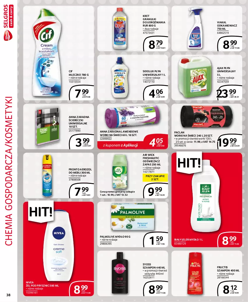 Gazetka promocyjna Selgros - Extra Oferta - ważna 01.10 do 31.10.2021 - strona 38 - produkty: Air Wick, Ajax, Biały Jeleń, Cif, Fructis, Gra, Kret, Mleczko, Mydło, Nivea, Odkamieniacz, Odżywka, Palmolive, Pronto, Sidolux, Syoss, Szampon, Worki na śmiec, Worki na śmieci