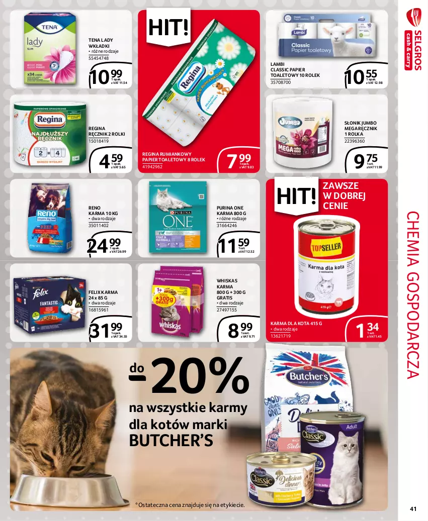 Gazetka promocyjna Selgros - Extra Oferta - ważna 01.10 do 31.10.2021 - strona 41 - produkty: Felix, Gin, Gra, Papier, Papier toaletowy, Pur, Purina, Ręcznik, Rolki, Rum, Whiskas, Wkładki