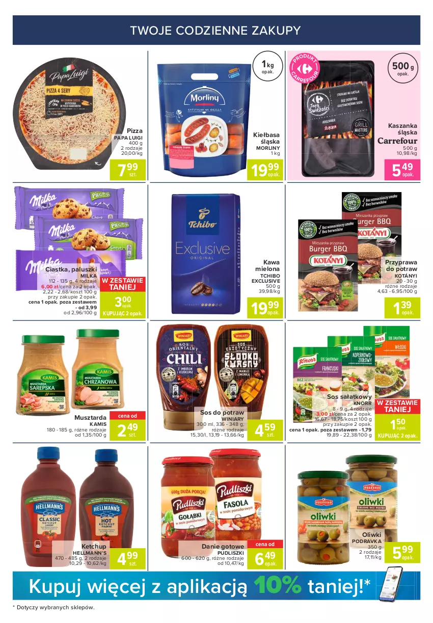 Gazetka promocyjna Carrefour - Gazetka Express - ważna 26.04 do 03.05.2021 - strona 3 - produkty: Ciastka, Danie gotowe, Hellmann’s, Kamis, Kasza, Kaszanka, Kawa, Kawa mielona, Ketchup, Kiełbasa, Kiełbasa śląska, Knorr, Kosz, Kotányi, Milka, Morliny, Mus, Musztarda, Oliwki, Pizza, Podravka, Przyprawa do potraw, Pudliszki, Sałat, Sos, Tchibo, Winiary