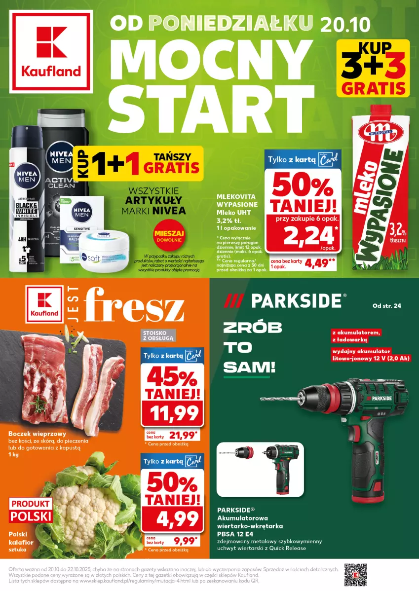 Gazetka promocyjna Kaufland - Mocny Start - ważna 20.10 do 22.10.2025 - strona 1 - produkty: Akumulator, Boczek, Boczek wieprzowy, Gra, Kapustą, Mleko, Mlekovita, Nivea, Parkside, Piec, Tarka, Wkręt, Wkrętarka