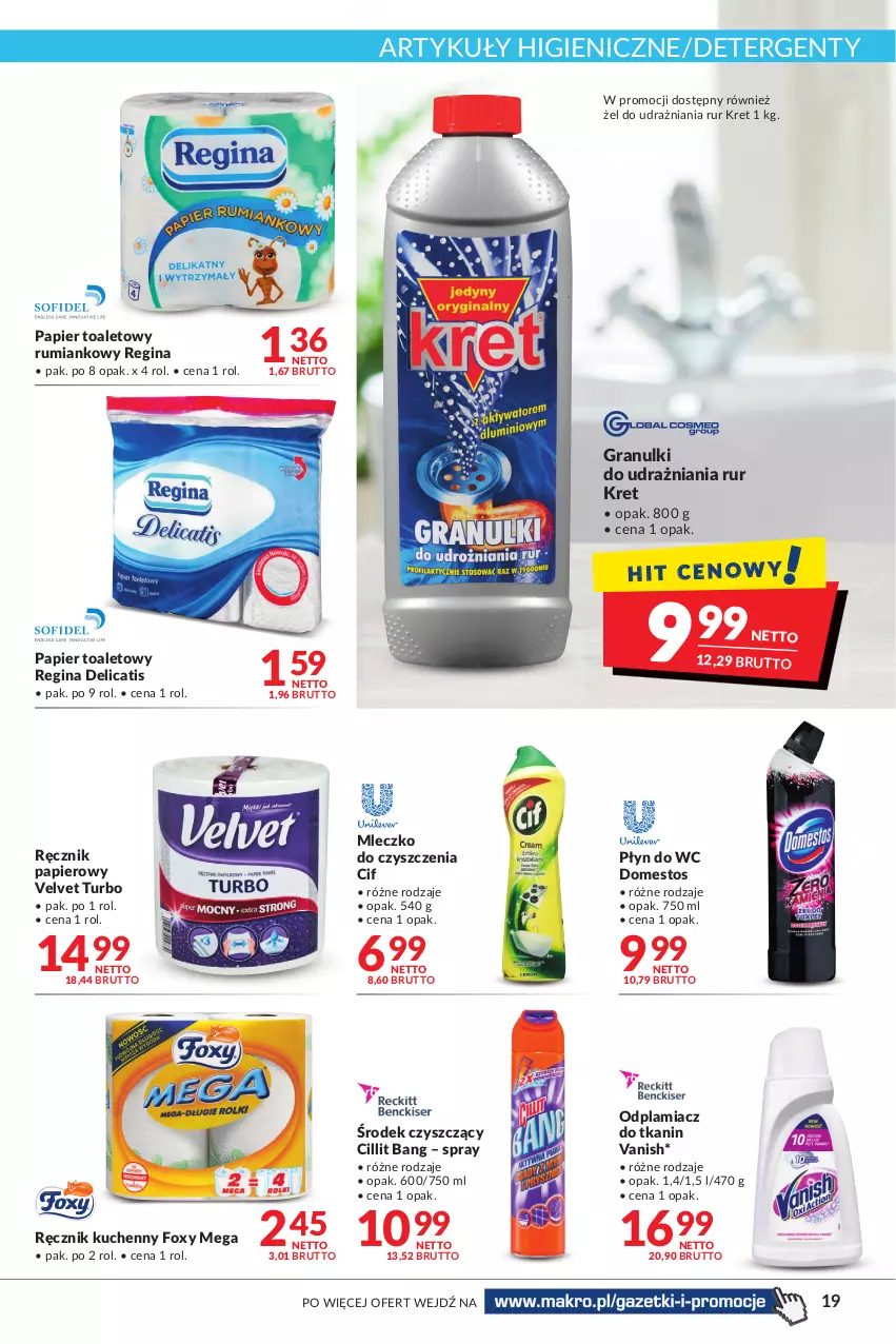 Gazetka promocyjna Makro - [Oferta promocyjna] Artykuły spożywcze i przemysłowe - ważna 12.07 do 25.07.2022 - strona 19 - produkty: Cif, Cillit Bang, Domestos, Foxy, Gin, Gra, Kret, Mleczko, Odplamiacz, Papier, Papier toaletowy, Płyn do wc, Ręcznik, Ręcznik kuchenny, Rum, Vanish, Velvet