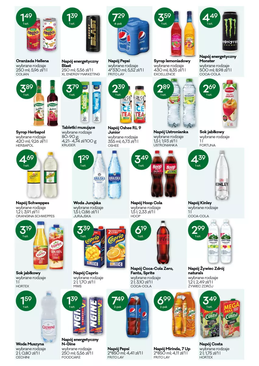 Gazetka promocyjna Groszek - Gazetka - ważna 15.07 do 27.07.2021 - strona 10 - produkty: Coca-Cola, Fa, Fanta, Fortuna, Gin, Hellena, Herbapol, Hoop, Hortex, Mirinda, Mus, Napój, Napój energetyczny, Oranżada, Oshee, Pepsi, Schweppes, Sok, Sok jabłkowy, Sprite, Syrop, Szyna, Tablet, Tabletki musujące, Woda