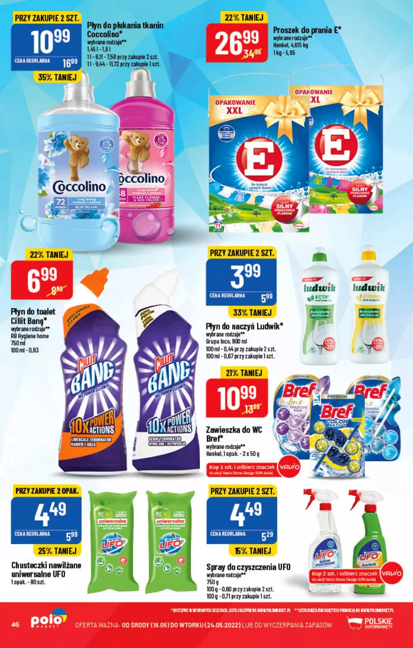 Gazetka promocyjna PoloMarket - Gazetka pomocyjna - ważna 18.05 do 24.05.2022 - strona 46 - produkty: Bref, Chusteczki, Cillit Bang, Coccolino, Ludwik, Płyn do płukania, Spray do czyszczenia, Zawieszka do wc