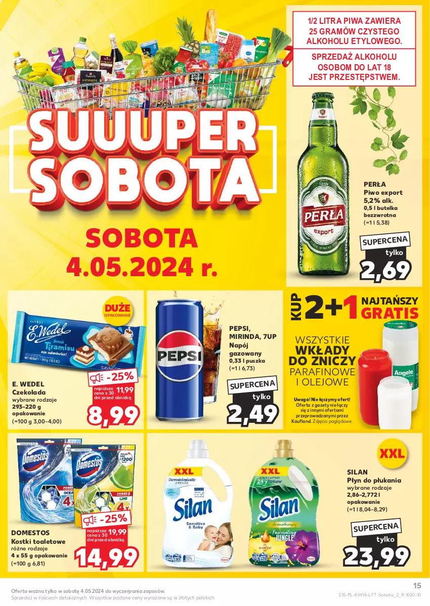 Gazetka promocyjna Kaufland - Gazetka tygodnia - ważna 02.05 do 08.05.2024 - strona 15 - produkty: 7up, Czekolada, Domestos, E. Wedel, Gra, Mirinda, Napój, Napój gazowany, Olej, Pepsi, Perła, Piwa, Piwo, Płyn do płukania, Por, Silan, Waga, Znicz