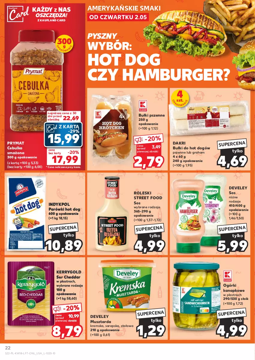 Gazetka promocyjna Kaufland - Gazetka tygodnia - ważna 02.05 do 08.05.2024 - strona 22 - produkty: Bułki do hot dogów, Burger, Cheddar, Gra, Hamburger, Hot dog, Mus, Musztarda, Parówki, Parówki hot dog, Prymat, Ser, Sos