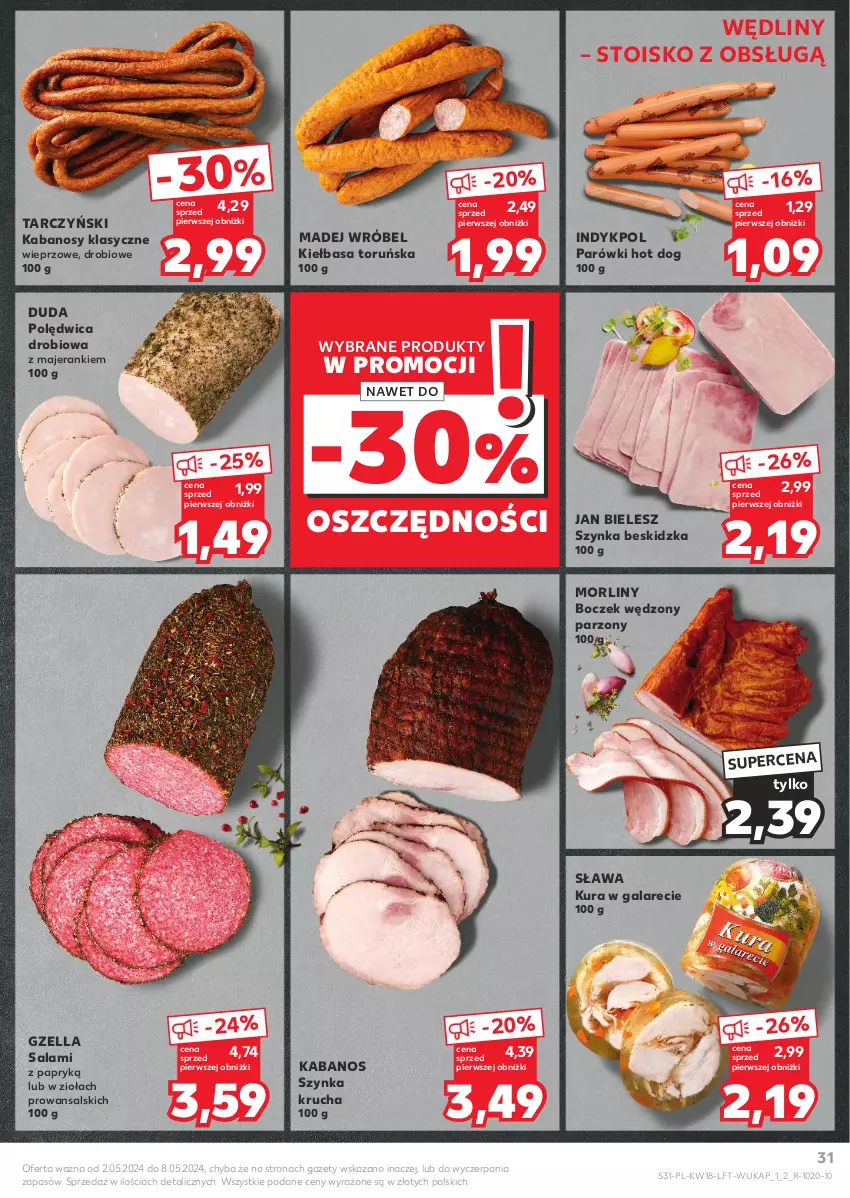 Gazetka promocyjna Kaufland - Gazetka tygodnia - ważna 02.05 do 08.05.2024 - strona 31 - produkty: Boczek, Duda, Gala, Hot dog, Kabanos, Kiełbasa, Madej Wróbel, Morliny, Parówki, Parówki hot dog, Polędwica, Salami, Salami z papryką, Szynka, Tarczyński