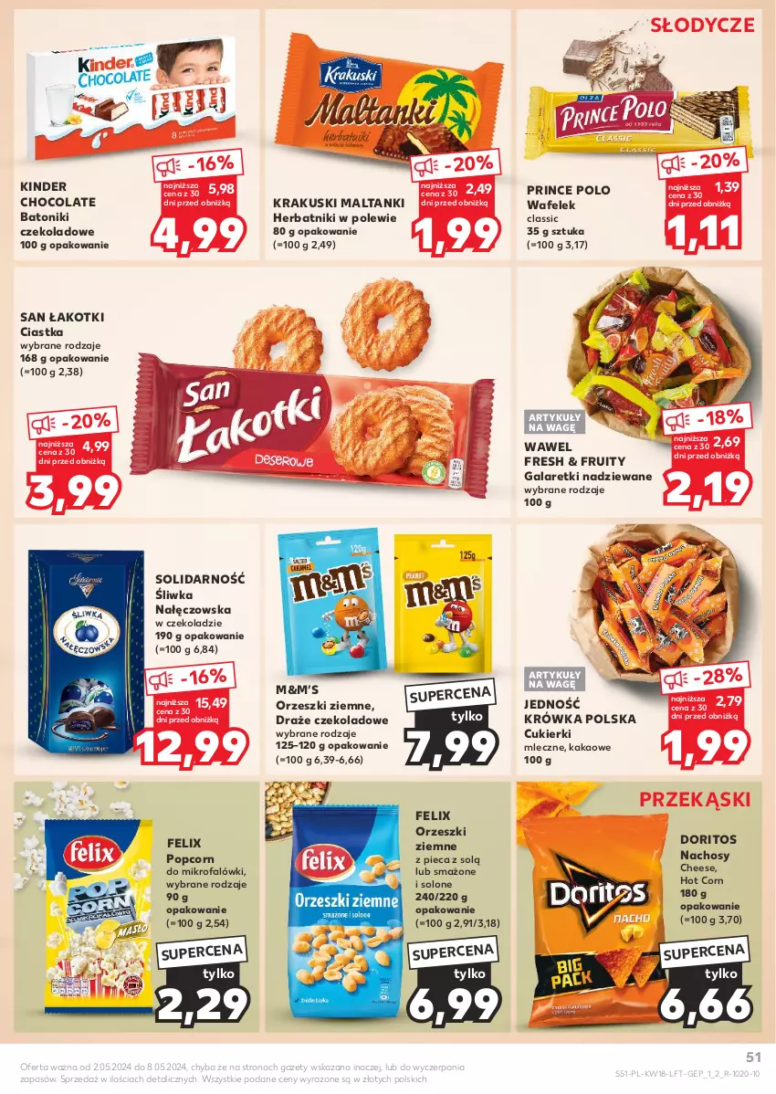 Gazetka promocyjna Kaufland - Gazetka tygodnia - ważna 02.05 do 08.05.2024 - strona 51 - produkty: Baton, Ciastka, Cukier, Cukierki, Fa, Felix, Gala, Galaretki, Herbatniki, Kakao, Kinder, Krakus, Krakuski, Orzeszki, Orzeszki ziemne, Piec, Popcorn, Prince Polo, Tonik, Wafelek, Wawel