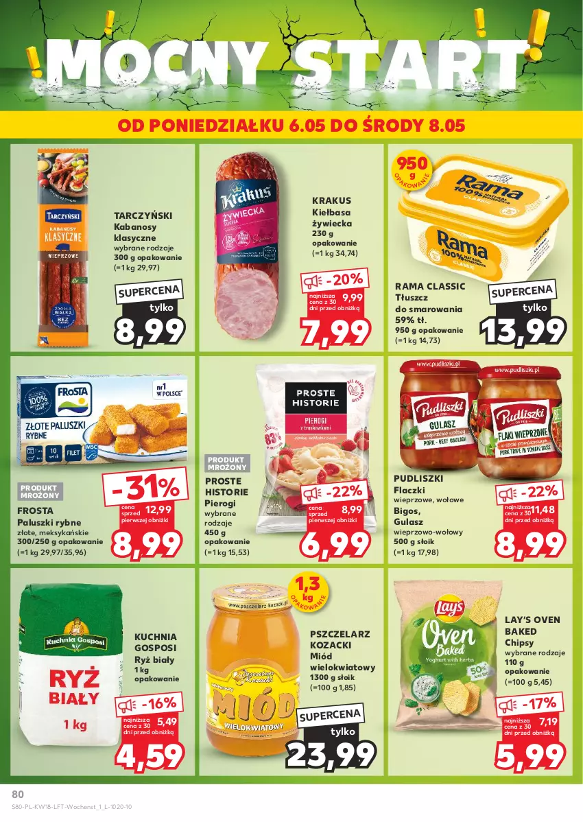 Gazetka promocyjna Kaufland - Gazetka tygodnia - ważna 02.05 do 08.05.2024 - strona 80 - produkty: Bigos, Chipsy, Frosta, Kabanos, Kiełbasa, Krakus, Kuchnia, Lay’s, Miód, Paluszki rybne, Pierogi, Pudliszki, Rama, Ryż, Ryż biały, Tarczyński