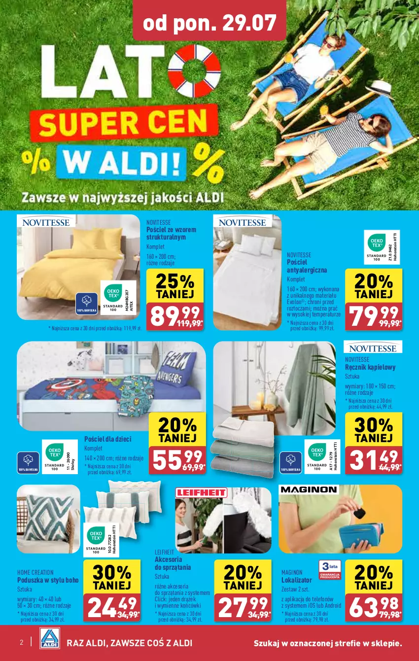 Gazetka promocyjna Aldi - Lato SUPER CEN - ważna 29.07 do 31.08.2024 - strona 2 - produkty: Dzieci, Gin, Poduszka, Pościel, Ręcznik, Ręcznik kąpielowy, Sok, Telefon, Wełna