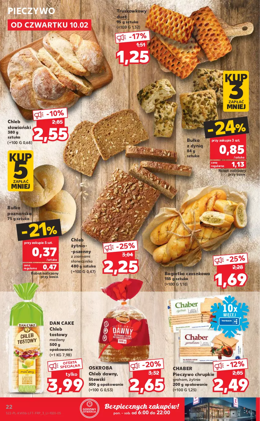 Gazetka promocyjna Kaufland - OFERTA TYGODNIA - ważna 10.02 do 16.02.2022 - strona 22 - produkty: Bagietka, Bagietka czosnkowa, Bułka, Chleb, Chleb tostowy, Chrupki, Dan Cake, Dynią, Gra, Piec, Pieczywo, Pieczywo chrupkie