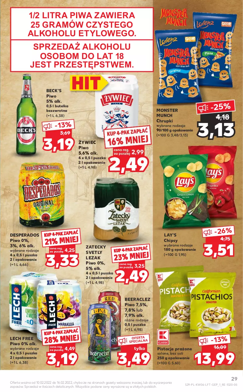 Gazetka promocyjna Kaufland - OFERTA TYGODNIA - ważna 10.02 do 16.02.2022 - strona 29 - produkty: Chipsy, Chrupki, Desperados, Gra, Monster Munch, Pistacje, Piwa, Piwo