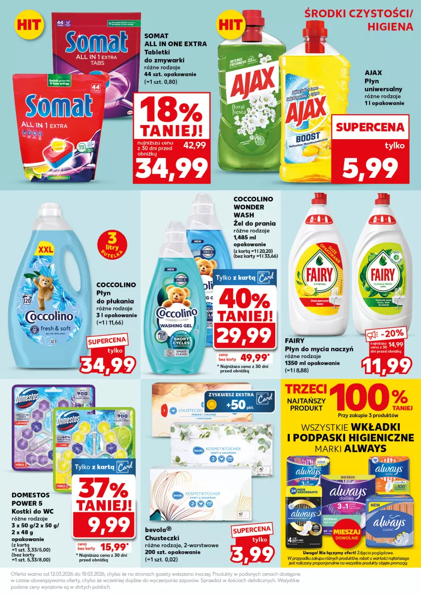 Gazetka promocyjna Kaufland - Mocny Start - ważna 16.03 do 18.03.2026 - strona 25 - produkty: Ajax, Always, Chusteczki, Coccolino, Do mycia naczyń, Domestos, Fa, Fairy, Płyn do mycia, Płyn do mycia naczyń, Płyn do płukania, Podpaski, Por, Somat, Sos, Tablet, Tabletki do zmywarki, Waga, Wkładki, Zmywarki