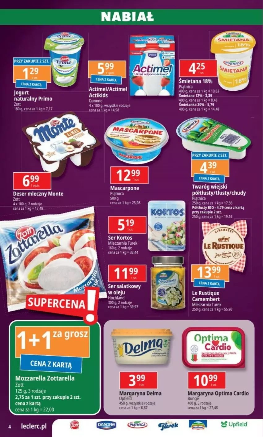 Gazetka promocyjna E Leclerc - ważna 17.12 do 31.12.2024 - strona 19 - produkty: Actimel, Camembert, Delma, Hochland, Mascarpone, Mozzarella, Optima, Optima Cardio, Piątnica, Twaróg, Zott, Zottarella