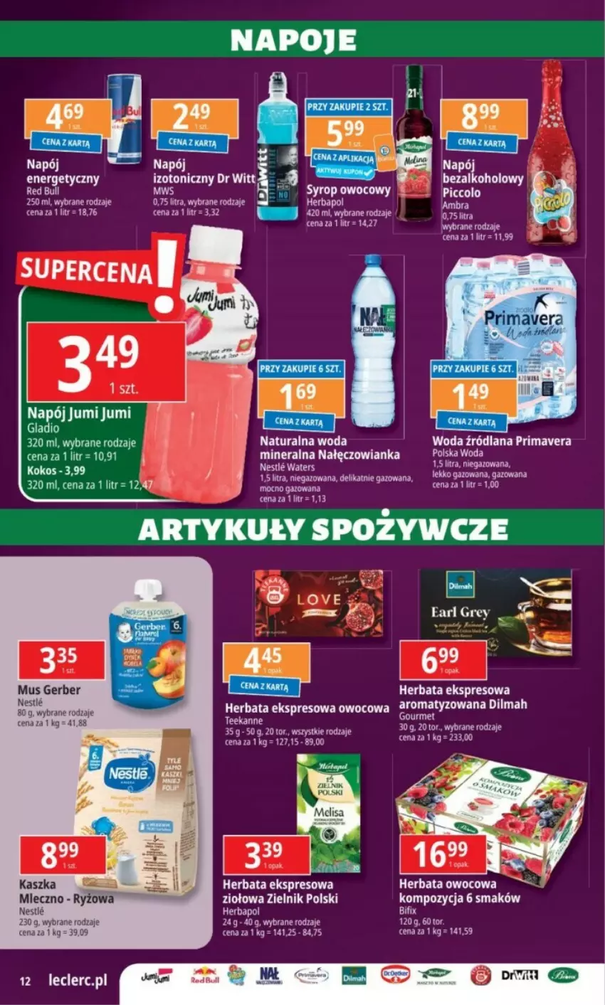 Gazetka promocyjna E Leclerc - ważna 17.12 do 31.12.2024 - strona 4 - produkty: Artykuły spożywcze, Dilmah, Earl Grey, Gerber, Herbapol, Herbata, Kokos, LANA, LG, Mus, Nałęczowianka, Napój, Napój energetyczny, Prima, Primavera, Teekanne, Woda