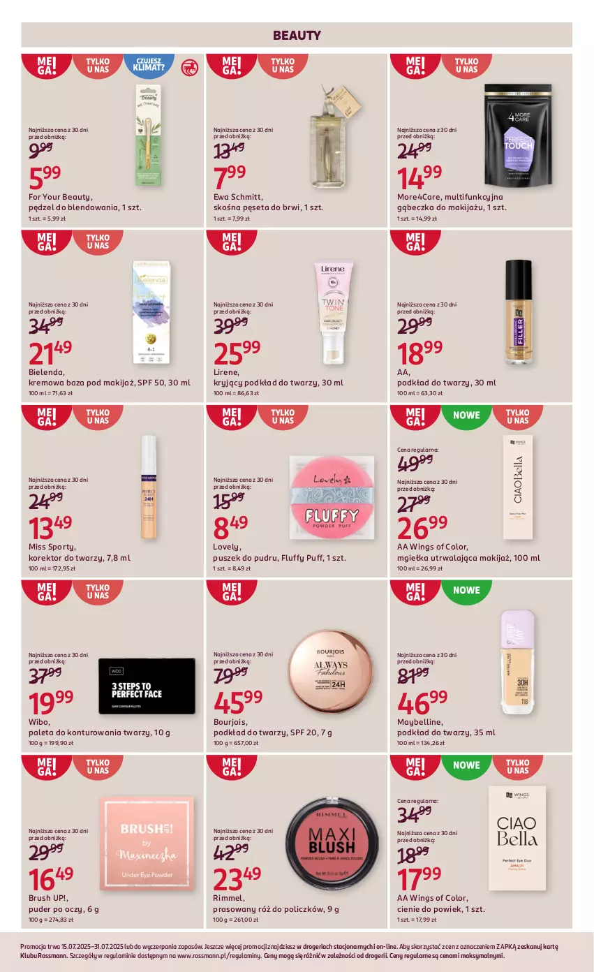 Gazetka promocyjna Rossmann - 15 lipca - ważna 15.07 do 31.07.2025 - strona 10 - produkty: Bell, Bielenda, Bourjois, Ewa Schmitt, For Your Beauty, Korektor do twarzy, Lirene, Lovely, Makijaż, Maybelline, Miss Sporty, Paleta, Pęseta, Podkład, Podkład do twarzy, Por, Puder, Puf, Róż do policzków, Sport, Wibo