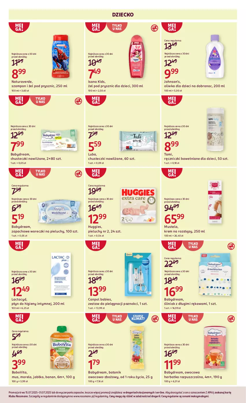 Gazetka promocyjna Rossmann - 15 lipca - ważna 15.07 do 31.07.2025 - strona 13 - produkty: Babydream, Baton, BoboVita, Canpol, Chusteczki, Dzieci, Huggies, Isana, Kawa, Lactacyd, Morela, Mus, Mustela, Oliwka dla dzieci, Pieluchy, Płyn do higieny intymnej, Szampon, Tonik, Znicz