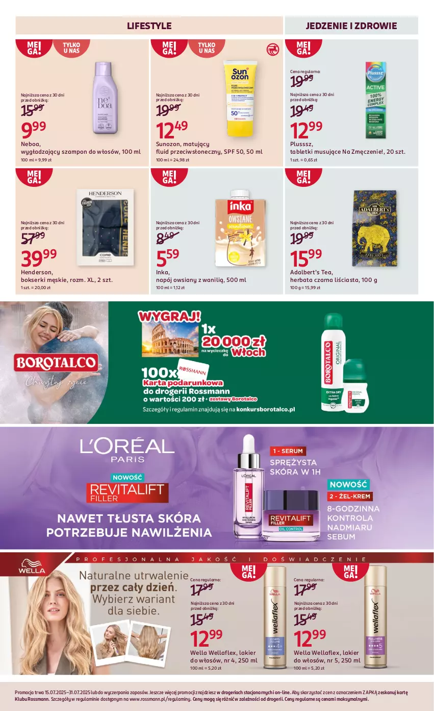 Gazetka promocyjna Rossmann - 15 lipca - ważna 15.07 do 31.07.2025 - strona 14 - produkty: Bokserki, Herbata, Herbata czarna, Inka, Lakier, Lakier do włosów, Mus, Napój, Ser, Szampon, Tablet, Tabletki musujące, Wella, Wellaflex, Zdrowie