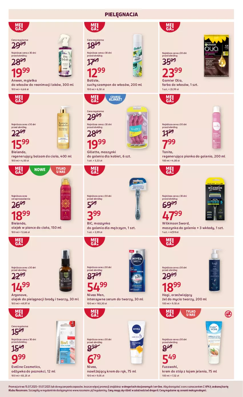 Gazetka promocyjna Rossmann - 15 lipca - ważna 15.07 do 31.07.2025 - strona 5 - produkty: Balsam do ciała, Batiste, BIC, Bielenda, Eveline, Fa, Farba do włosów, Garnier, Gillette, Krem do rąk, Krem do stóp, Maszynka, Maszynka do golenia, Nivea, Nivea Men, Odżywka, Olej, Pianka do golenia, Rum, Ser, Serum, Serum do twarzy, Suchy szampon, Szampon, Szynka, Wilkinson Sword