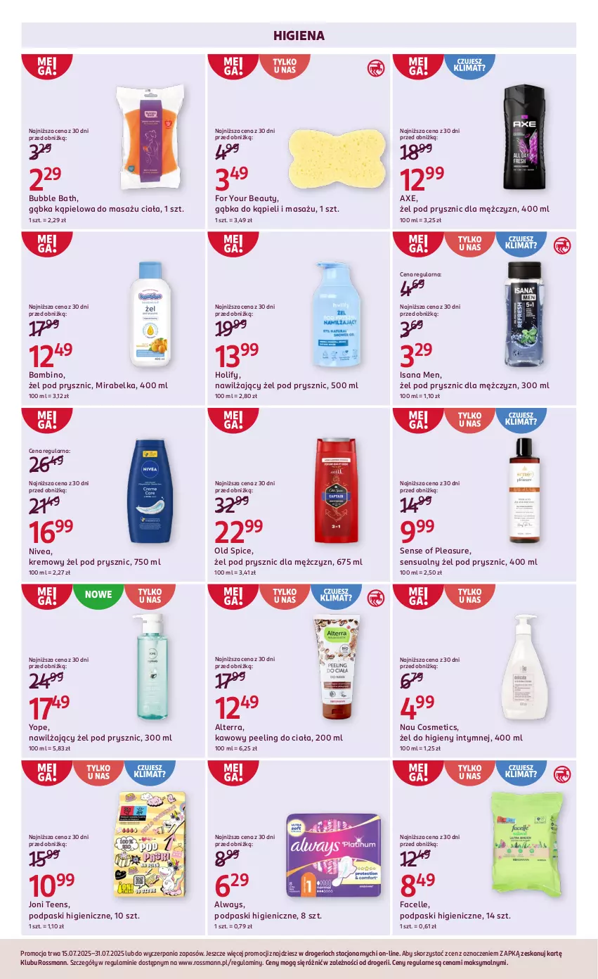 Gazetka promocyjna Rossmann - 15 lipca - ważna 15.07 do 31.07.2025 - strona 8 - produkty: Alterra, Always, Fa, Facelle, For Your Beauty, Isana, Nivea, Old Spice, Peeling, Podpaski, Sensual, Yope