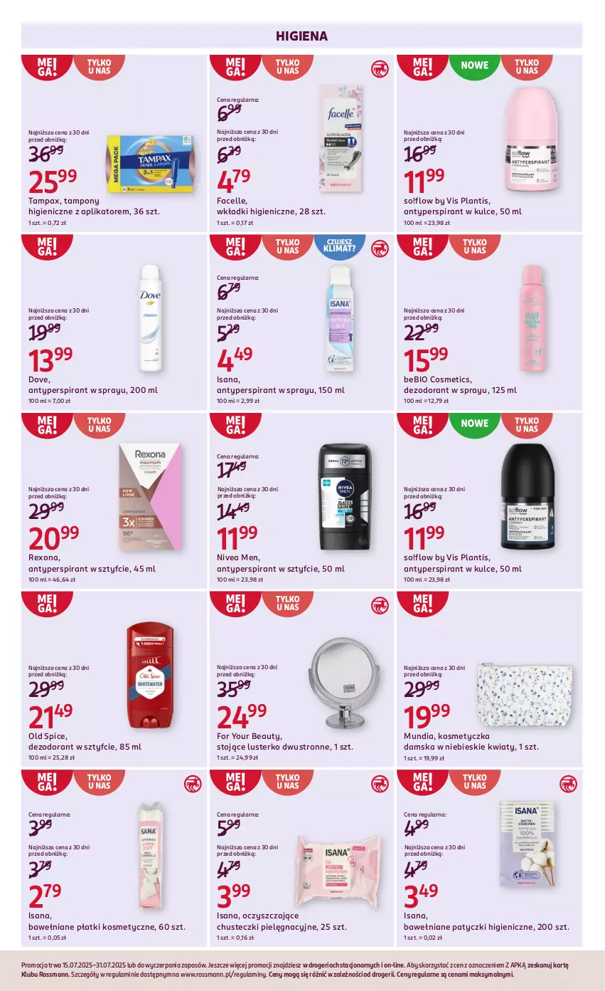 Gazetka promocyjna Rossmann - 15 lipca - ważna 15.07 do 31.07.2025 - strona 9 - produkty: Antyperspirant, Chusteczki, Dezodorant, Dove, Fa, Facelle, For Your Beauty, Isana, Kosmetyczka, Nivea, Nivea Men, Old Spice, Pax, Płatki kosmetyczne, Rexona, Tampax, Tampony, Wkładki