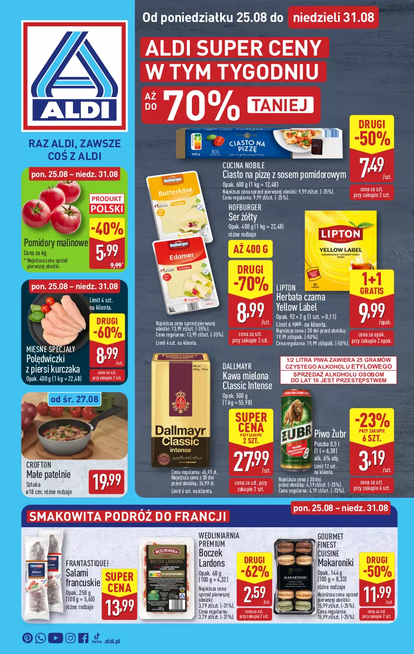 Gazetka promocyjna Aldi - Pełna oferta - ważna 25.08 do 31.08.2025 - strona 1 - produkty: Boczek, Burger, Dallmayr, Gra, Herbata, Herbata czarna, Hofburger, Kawa, Kawa mielona, Kurczak, Lipton, Makaron, Mięsne specjały, Piwa, Piwo, Pomidory, Salami, Ser, Smakowita, Sos