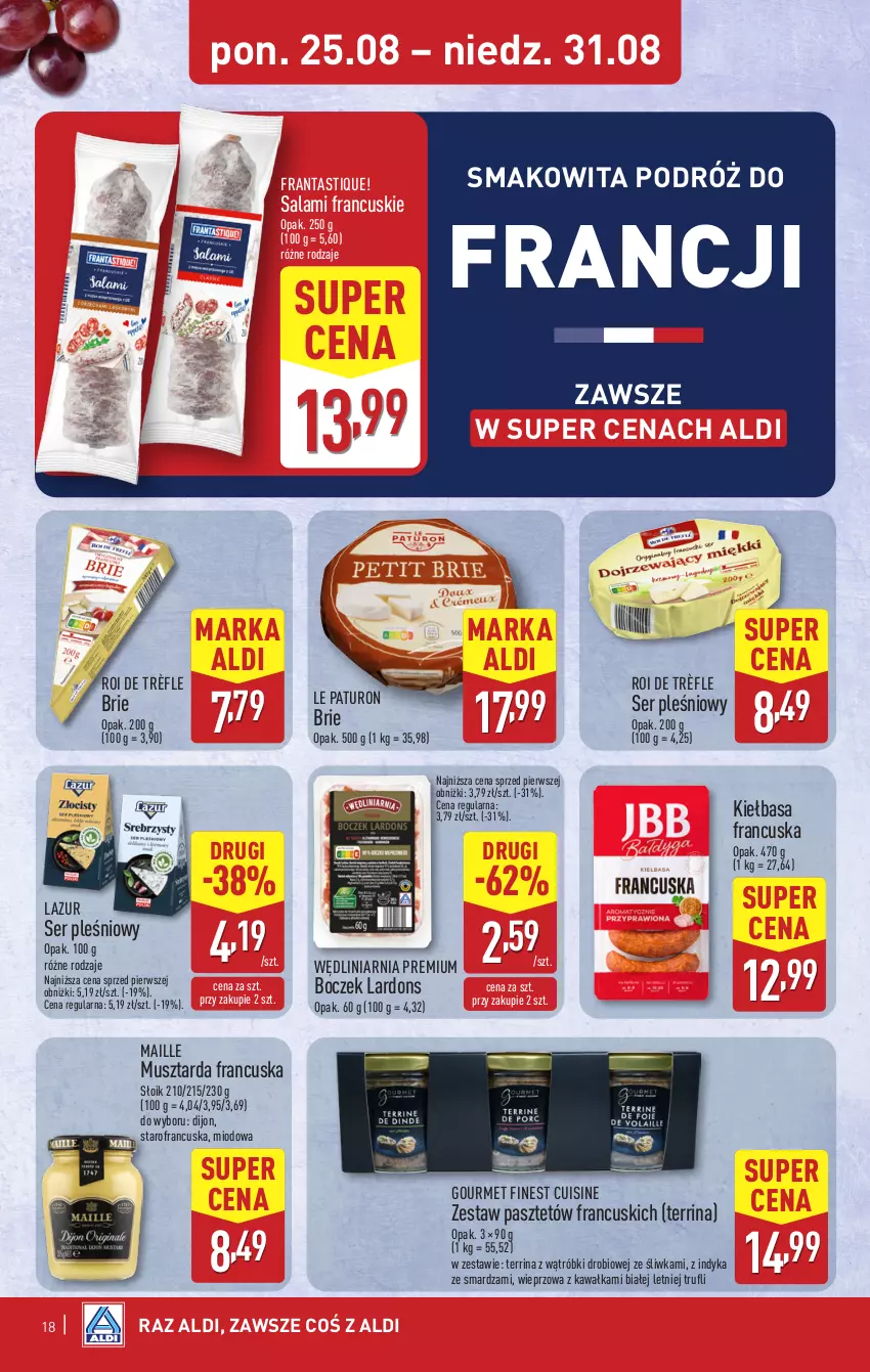 Gazetka promocyjna Aldi - Pełna oferta - ważna 25.08 do 31.08.2025 - strona 18 - produkty: Boczek, Brie, Kawa, Kiełbasa, Lazur, Mus, Musztarda, Pasztet, Salami, Ser, Ser pleśniowy, Smakowita