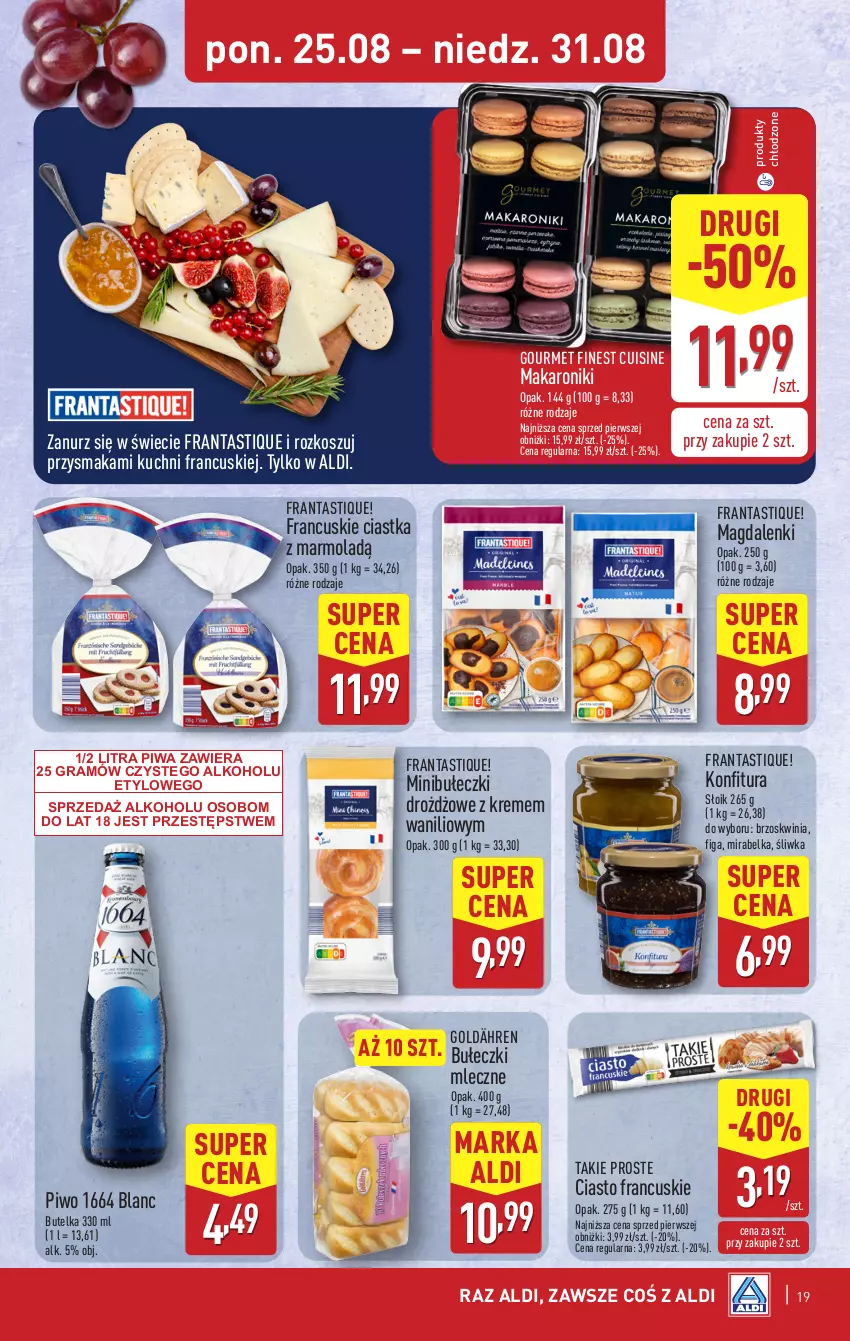 Gazetka promocyjna Aldi - Pełna oferta - ważna 25.08 do 31.08.2025 - strona 19 - produkty: Bułeczki, Bułeczki mleczne, Ciastka, Ciasto francuskie, Gra, Konfitura, Kosz, Makaron, Mola, Piwa, Piwo