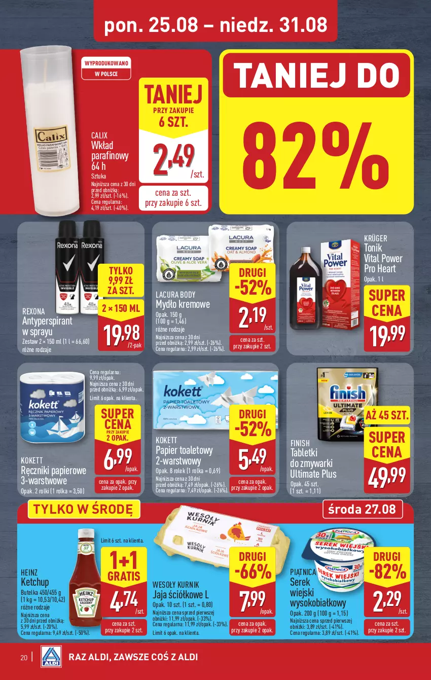 Gazetka promocyjna Aldi - Pełna oferta - ważna 25.08 do 31.08.2025 - strona 20 - produkty: Antyperspirant, Body, Finish, Gra, Heinz, Jaja, Ketchup, Mydło, Papier, Papier toaletowy, Piątnica, Ręcznik, Ręczniki papierowe, Rexona, Rolki, Ser, Serek, Serek wiejski, Sok, Tablet, Tabletki do zmywarki, Tonik, Zmywarki