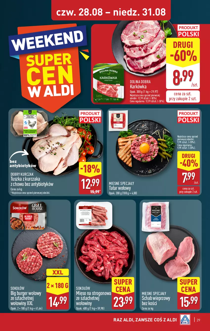 Gazetka promocyjna Aldi - Pełna oferta - ważna 25.08 do 31.08.2025 - strona 29 - produkty: Burger, Kurczak, Mięsne specjały, Mięso, Schab wieprzowy, Sok, Sokołów, Tatar wołowy, Tusz