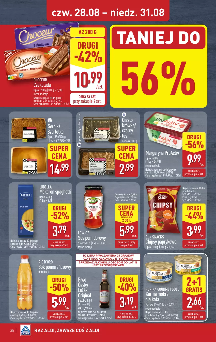 Gazetka promocyjna Aldi - Pełna oferta - ważna 25.08 do 31.08.2025 - strona 30 - produkty: Bell, Bella, Chipsy, Czekolada, Gin, Gourmet Gold, Gra, Lubella, Makaron, Margaryna, Piwa, Piwo, Pur, Purina, Ser, Sok, Sok pomarańczowy, Sos, Sos pomidorowy, Spaghetti, Szarlotka