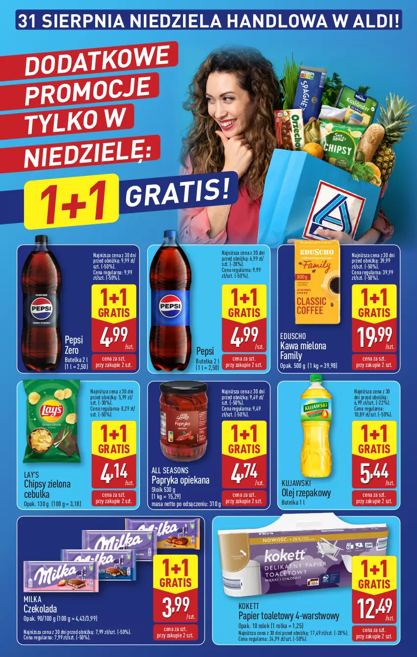 Gazetka promocyjna Aldi - Pełna oferta - ważna 25.08 do 31.08.2025 - strona 40 - produkty: All Seasons, Chipsy, Czekolada, Fa, Gra, Kawa, Kawa mielona, Kujawski, Milka, Olej, Olej rzepakowy, Papier, Papier toaletowy, Papryka, Pepsi